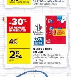 -30%  de remise immédiate  4?0  294  le lot  fabrication 500simples  feuilles  française  oxford  feuilles simples oxford  cd 19  dim.: 21x29,7 cm 500 pages. grands cameaux feuilles perforées papier 9