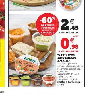 SUD & SOL  A  SALSA TOMATES  -60%  DE REMISE IMMEDIATE SUR LA 2 BARQUETTE  (11)  1,45  LA 1 BARQUETTE  SOIT   ,98  LA 2 BARQUETTE  Le kg: 16.33   Le kg des 2:11,43   TARTINADES ENSOLEIL'ADE APERITI