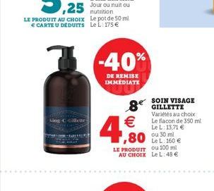 LE PRODUIT AU CHOIX  CARTE U DEDUITS  King Cillette  LIHRE + BULELE  nutrition Le pot de 50 ml Le L 175   -40%  DE REMISE IMMEDIATE  8 GILLETTE  4,  SOIN VISAGE  LE PRODUIT ou 100 ml AU CHOIX Le L: