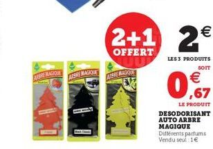 ARBRE MAGIQUE  ARBRE MAGIQUE  ARARE MAGIQUE  2+1  OFFERT  2  LES 3 PRODUITS SOIT   ,67  LE PRODUIT  DESODORISANT AUTO ARBRE MAGIQUE Différents parfums Vendu seul: 1