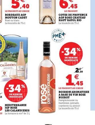 PROTEC  LE PRODUIT AU CHOIX BORDEAUX AOP MOUTON CADET Rose ou blanc La bouteille de 75 cl  CALANDIERES  wi  -34%  MEDITERRANEE  novol  rose  pamplemousse  PME+ ENGADE  LE PRODUIT COTES DE PROVENCE AOP