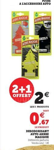 ARBRE MAGIQUE  ARBRE MAGIQUE  ARBRE MAGIQUE  Clic  2+1 2  OFFERT  LES 3 PRODUITS  SOIT    ,67  LE PRODUIT DESODORISANT AUTO ARBRE MAGIQUE Différents parfums Vendu seul : 1