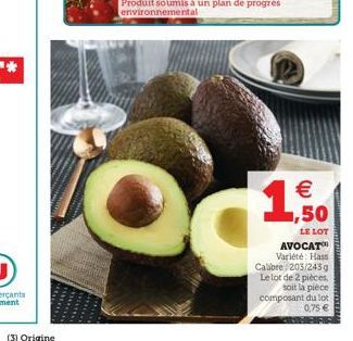 (3)  od   1,50  LE LOT AVOCAT Variété Hass Calibre/203/243g Le lot de 2 pièces, soit la pièce composant du lot 0,75 