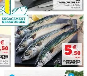engagement ressources   ,50  le kg  d'aquaculture  la pièce de 300 g minimum  5,50  leng  maquereaux portion