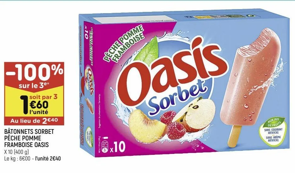 bâtonnets sorbet pêche pomme framboise oasis