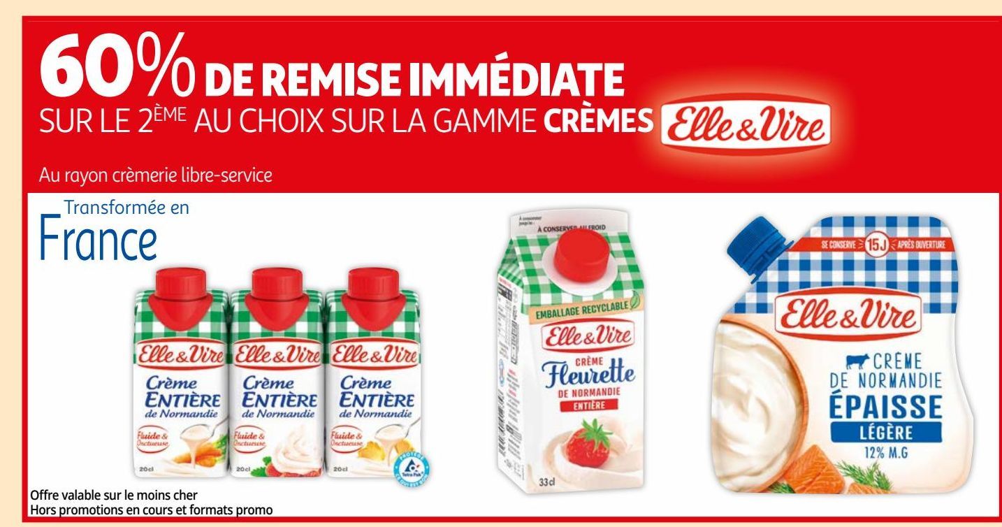 60% de remise immediate sur le 2eme au choix sur la gamme cremes Elle & Vire