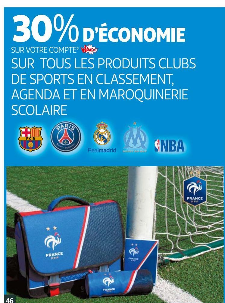 30% d´economie sur votre compte waaoh sur tous les produits clubs de spors en clasement, agenda et en maroquinerie acolaire