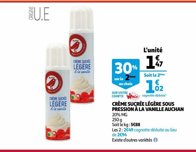 crème sucree legere sous pression a la vanille auchan