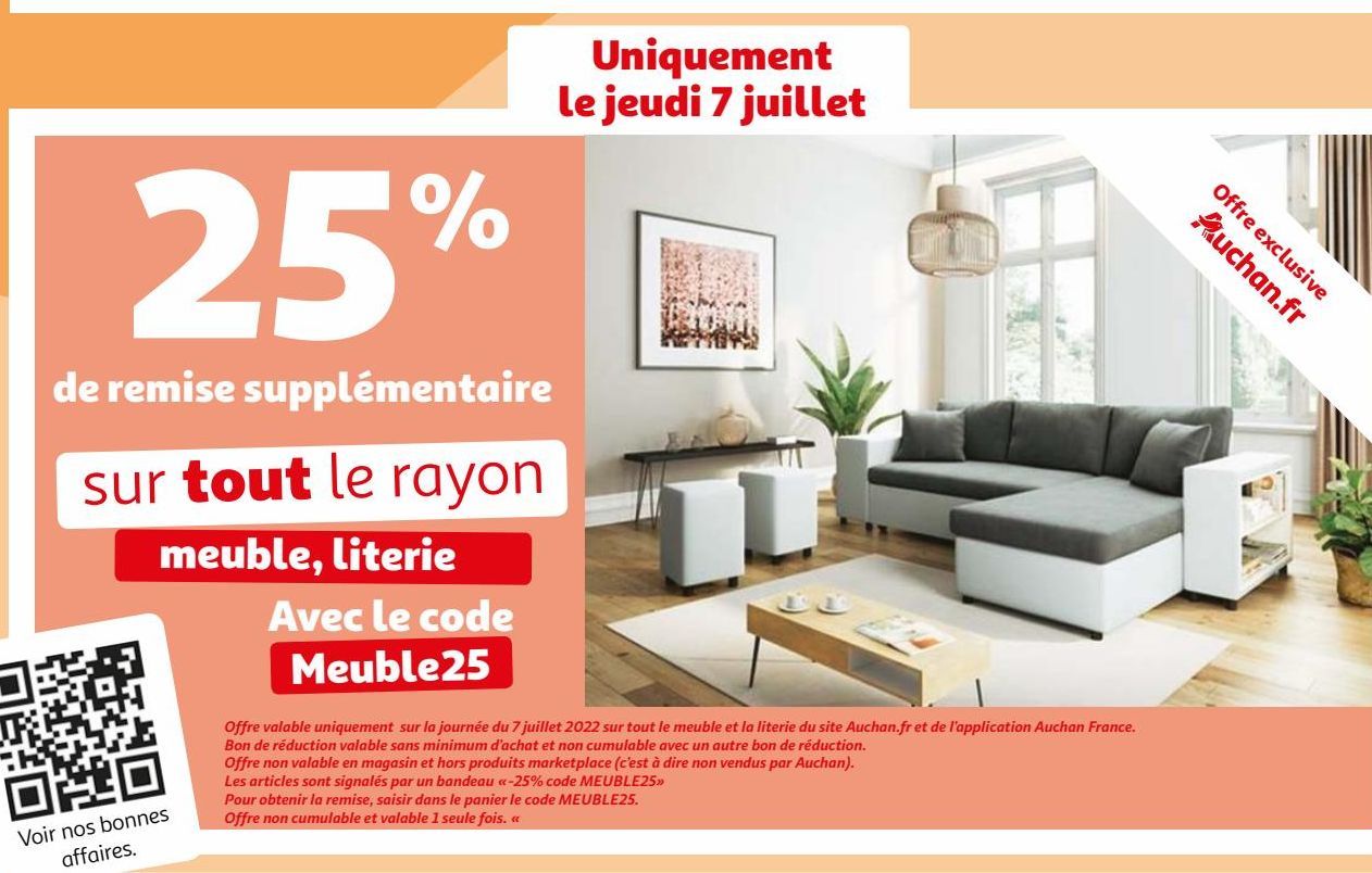 25% de remise supplementaire sur tout le rayon meubles, literie avec le code meuble25