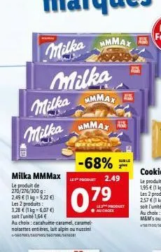 milka mika mmmax milka wmmax  milka mmmax le produit de 270/276/300 g: 2,49  (1 kg = 9,22 ) les 2 produits: 3,28  (1 kg = 6,07 ) soit l'unité 1,64   au choix: cacahuète-caramel, caramel-noisettes