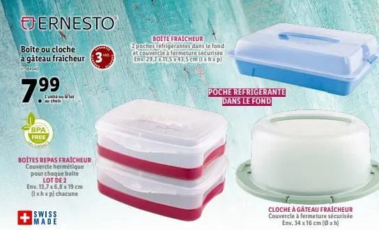 boîte ou cloche  à gâteau fraîcheur 3  184340  ernesto  7.99  l'unité ou la lot au chole  bpa free  boites repas fraicheur couvercle hermétique pour chaque bolte  lot de 2 env. 13,7 x 6,8 x 19 cm (lxh