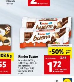 103,5g Kinder Bueno  Le produit de 258 g:  3,44  (1 kg = 13,33 ) Les 2 produits:  5,16  (1 kg = 10 ) soit l'unité 2,58   Kinder  bueno  Kinder  bueno  Dum 13/0715/07  -50%  LE PRODUCT  1.72  SUR