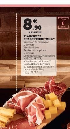 € ,90  LA PLANCHE  PLANCHE DE  CHARCUTERIE "Mixte"  Saucisson de montagne U Saveurs  Viande séchée  Jambon see supérieur  U Saveurs  Comté finesse AOP au lait cru  MARCEL PETITE  affiné 6 mois minimum