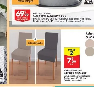 6999  l-1.56 participation  taille universelle  home creation living table avec tabouret 2 en 1  dim. tabouret env. 35 x 40 cm. en mdf avec assise rembourrée. dim table env. 42 x 45 cm en métal. a mon