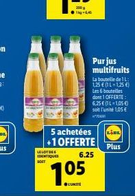 LELOTE IDENTIQUES SOIT  5 achetées  +1 OFFERTE  6.25  1.05  Purjus multifruits  La bouteille de L 1,25  (IL-1,25 ) Les 6 bouteilles dont 1 OFFERTE: 6,25 (-1,05 ) soit l'unité 1,05   704  |?????