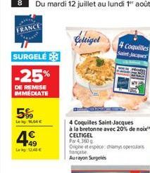 FRANCE  SURGELÉ  -25%  DE REMISE IMMEDIATE  5%  Lay: 16,64   F49 Lekg: 12.40  Cettigel  4 Coquilles Saint-Jacques  à la bretonne avec 20% de noix CELTIGEL  Par 4,360 g  4 Coquilles Saint:lacpies  Or