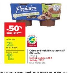 -50%  SUR LE 2  05 Leg: 025  Le Jou  Péchalou  Chocolat  AQUITAINE  Crème de brebis Bio au chocolat PÉCHALOU  2x100g Soitles 2 produits: 3,08   Soile kg 7,70   Existe aussi au cafe