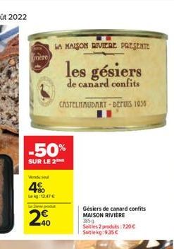 mère  -50%  SUR LE 2  LA MAISON RIVIERE PRESENTE  les gésiers  de canard confits  CASTELNAUDART-DEPUIS 1936  4%  Leg:12.47  Le 2 produt  40  Gésiers de canard confits MAISON RIVIÈRE  385g  Soit les 2