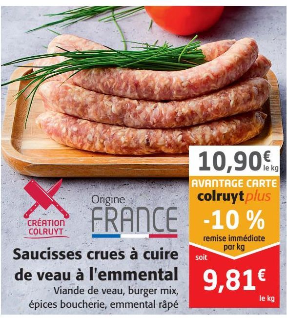 Saucisse crues à cuire de veau à l'emmental