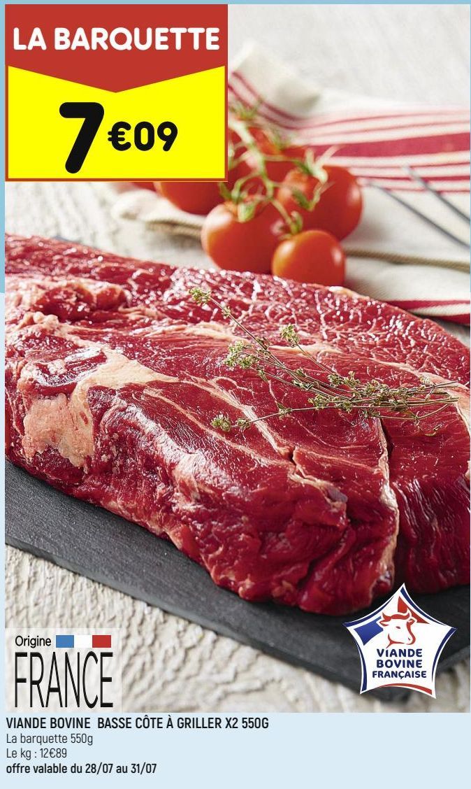 Viande bovine basse côte à griller x2 550G