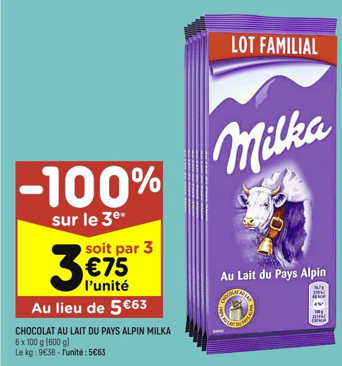 Chocolat au lait du pays alpin Milka