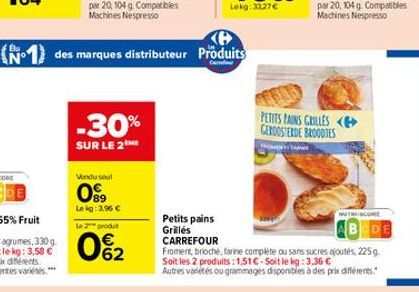 N°  Vendu soul  099  Le kg: 3.96   -30%  SUR LE 2  Le 2 produt  0%2  Petits pains Grilles CARREFOUR  Ke  des marques distributeur Produits  Cen  PETITS PAINS GRILLES GEROOSTERDE BROODJES  FROMENTAR