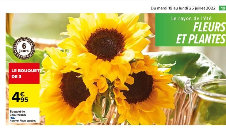 GARANT  TAIGH CHENO  6 jours  LE BOUQUET  DE 3  49    485  Bouquet de 3 tournesols  Au rayon Fleurs coupées  Du mardi 19 au lundi 25 juillet 2022 19  Le rayon de l'été  FLEURS ET PLANTES