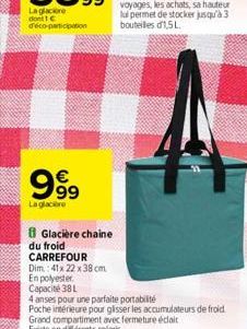   999  La glaciare  8 Glacière chaine du froid CARREFOUR  Dim.: 41x 22 x 38 cm  En polyester  Capacité 38 L  4 anses pour une parfaite portabilité  Poche intérieure pour glisser les accumulateurs de