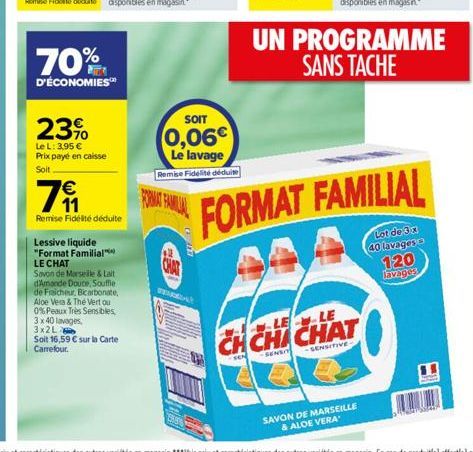 23%  Le L: 3,95  Prix payé en caisse  Soit  70%  D'ÉCONOMIES  Lessive liquide "Format Familial LE CHAT  7  Remise Fidélité déduite  Savon de Marseille & Lait d'Amande Douce, Souffle de Fraicheur, Bi