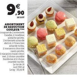 €  LE LOT  ASSORTIMENT DE REDUCTION COULEUR  Composé de 2 entremets Caraibe, 2 moelleux pistache griotte  2 entremets amande abricot, 2 financiers amande tonka,  2 macarons chocolat cassis griotte  2 