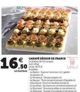 €  ,50  LE PLATEAU  CANAPÉ RÉGION DE FRANCE POT Le plateau de 48 canapés  10  pers  (soit 240g) Lekg: 68,75 €  8 variétés  -Le Breton: Saumon fumé sur miri galette ausarrasin x6  -Le Provençal Olivade