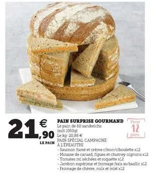 €  1,90  le pain  le pain de 60 sandwichs (soit 1050g) le kg: 20,86 €  pain special campagne al'épeautre  -saumon fumé et crème citron/ciboulette x12 -mousse de canard, figues et chutney oignons x12  
