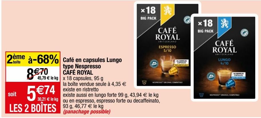 café en capsules lungo type nespresso Café Royal