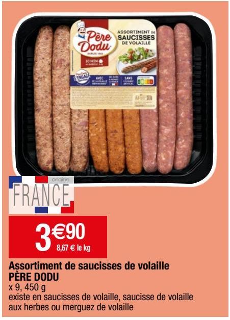 assortiment de saucisses de volaille Père Dodu