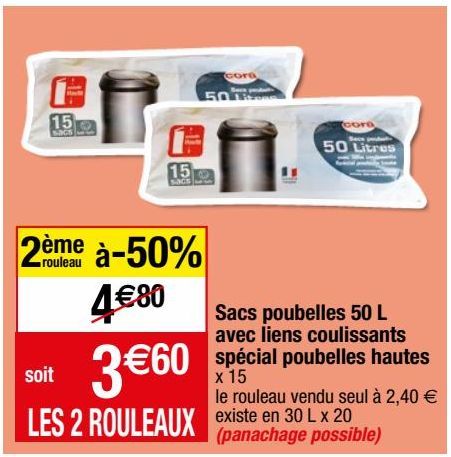 sacs poubelles 50L avec liens coulissants spécial poubelles hautes