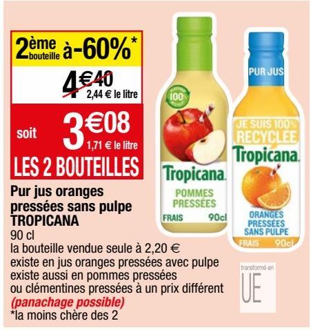 pur jus oranges pressées sans pulpe Tropicana