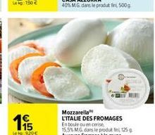 195  Log:9.20  Mozzarella  L'ITALIE DES FROMAGES  En boule ou en cerise, 15,5% MG dans le produt fin 125g Aurayon Fromage à la coupe