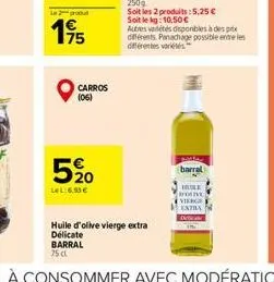 l2prod  195  75  carros  (06)  520  lel:6,93   :5,25   autres varetes disponibles à des prix différents. panachage possible entre les différentes variétés  huile d'olive vierge extra  délicate barra