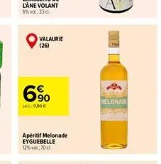 l'àne volant  6% vol. 33 cl  valaurie (26)  6%  6.90  lel:986  apéritif melonade eyguebelle 12%vol,70 c  welonade