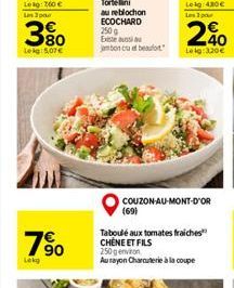 7%  Lekg  250g Exis about beaut  COUZON-AU-MONT-D'OR  (69)  Taboulé aux tomates fraiches CHÈNE ET FILS 250 g environ Aurayon Charcuterie à la coupe