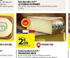 les 100 g  209  so 20.90  k  saint-marcellin i.g.p.  le lyonnais gourmand  23% de mg dans le produit fint au lat terme de vache 2x80g  poligny (39)