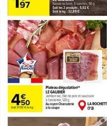 vegas  4.50  son 37,50   plateau dégustation le gaubier  jambon sec, fet de port et saucisson àfanceme, 120g aurayon charcuterie à la coupe  la rochette (73)