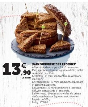   13,9%  LE PAIN  PAIN SURPRISE DES RÉGIONS 40 mini sandwichs pour 8 à 10 personnes Pain special rustique aux graines de lin, millet  Le Breton 10 mini sandwichs à la sardinade  au citron  Le Périgou