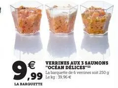 "ocean delices  verrines aux 3 saumons  la barquette de 6 verrines soit 250 g le kg: 39.96 