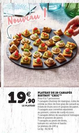 Nouveau    19,900  PLATEAU DE 28 CANAPÉS BISTROT "CHIC" Pour 6 à 7 personnes  crème au bloc de foie gras de canard aux LE PLATEAU éclats de fruits secs et graines de pavot  7 canapés aux crevettes ma