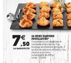   7,50  la barquette  16 mini paniers feuilletés  4 au jambon cult supérieur et  fromage de chèvre et épinards, 4 au duo de saumons et persil, 4 au chorizo et poivron la barquette de 200 g lekg: 37,5