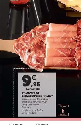   la planche  planche de charcuterie "italie" saucisson sec magnifico jambon de parme aop coppa de parme pancetta  la planche de 242 g le kg: 41.12   pour  6  pers.