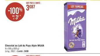 -100%  3°  soit par 3 l'unité:  3687  chocolat au lait du pays alpin milka  6x 100 g (600 g)  le kg: 9667-l'unité: 5680  milka  au lait du pays alpin  de cas