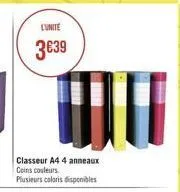 lunite  339  m  classeur a4 4 anneaux coins couleurs. plusieurs coloris disponibles