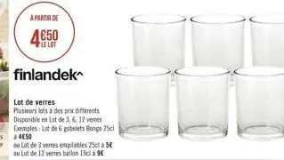 a partir de  le lot  finlandek  lot de verres  plusieurs lots à des prix différents disponible en lot de 3, 6, 12 verres exemples: lot de 6 gobelets bongo 25cl 450  ou lot de 3 verres empilables 25cl